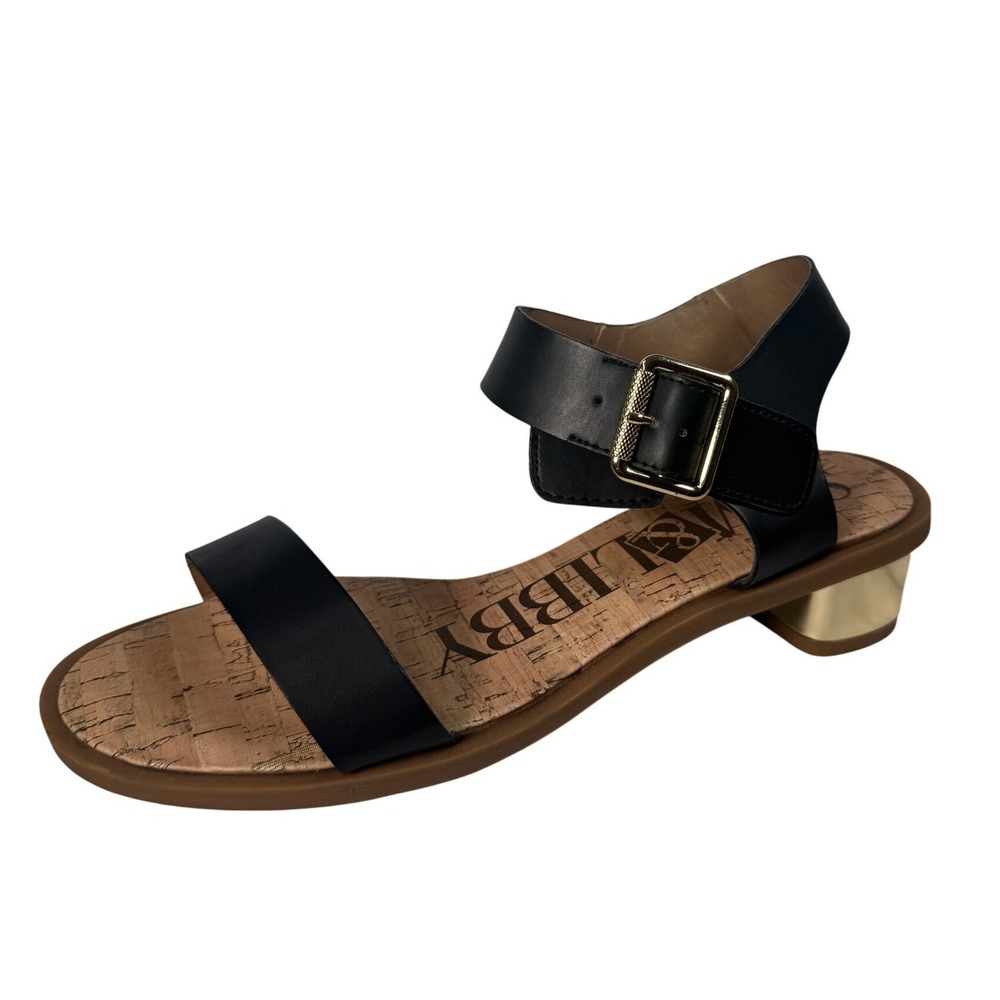 Sam & Libby Tina Black Ankle Strap Cork Footbed Metallic Gold Heel Sandals 9